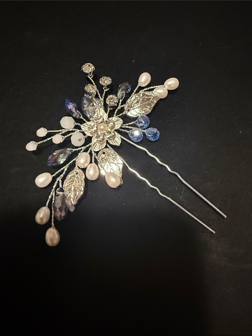 Silver Blue Floral Hair Pin with Pearl & Blue Crystal Accents NEW